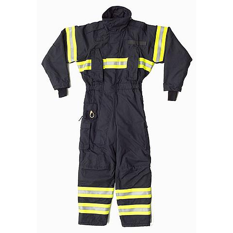 SG03763 Aramid Fireman's Coverall The Aramid Fireman's coverall is a navy dark blue or orange suit with reflective striping. The suit is manufactured from fire resistant natural fibre, It has a water repellent finish, which can withstand 50 washes without degradation.